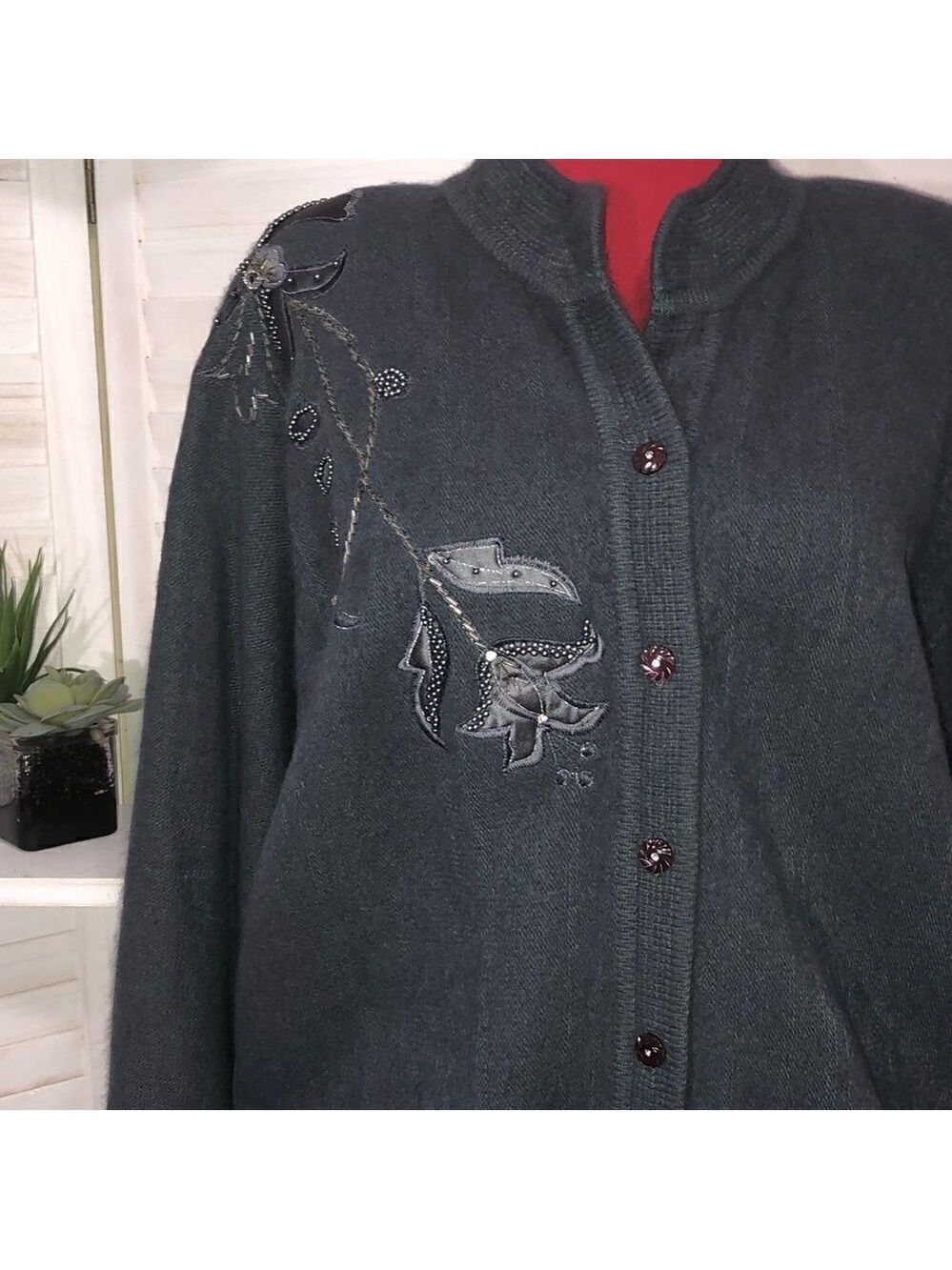 Vintage 80s 90s Embroidered Knit Cardigan Gray Floral Medium - Picture 8 of 8